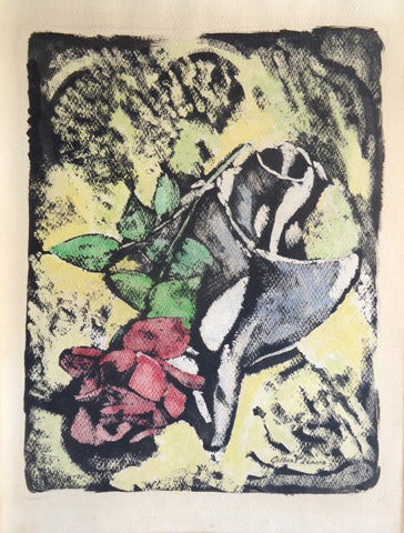 Untitled (Rose and Shell), hand-colored woodcut print by Pennsylvania artist Gilbert Lewis available at Cerulean Arts.