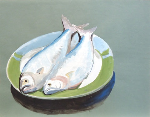 Untitled (Two Fish), gouache on paper painting by Pennsylvania artist Gilbert Lewis available at Cerulean Arts. 