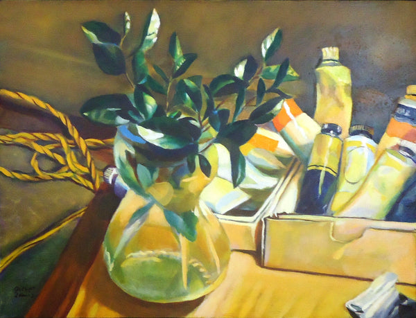 Untitled (Still Life with Paints), oil on panel painting by Pennsylvania artist Gilbert Lewis available at Cerulean Arts.  