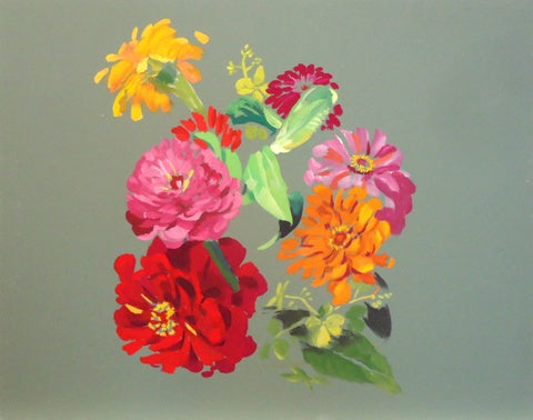 Untitled (Zinnias), gouache on panel painting by Pennsylvania artist Gilbert Lewis available at Cerulean Arts.