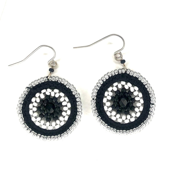 Macrame and Bead Drop Earrings - Black/White/Silver