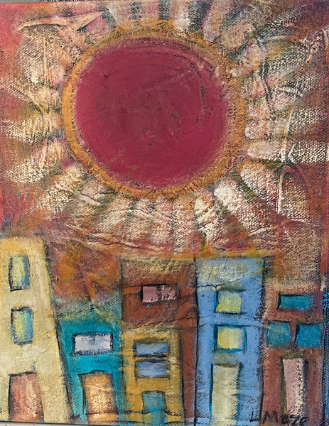 Colorful cityscape scene with bright, stylized sun above.