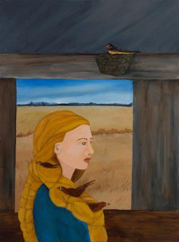 Swallows Nested in Her Hair, oil on panel painting by Claire Owen available at Cerulean Arts. 