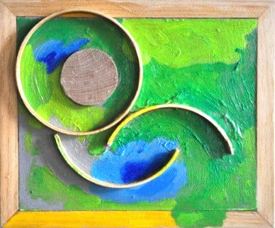 An abstract oil on wood painting with prominent green and blue colors, featuring circular and curved geometric shapes.