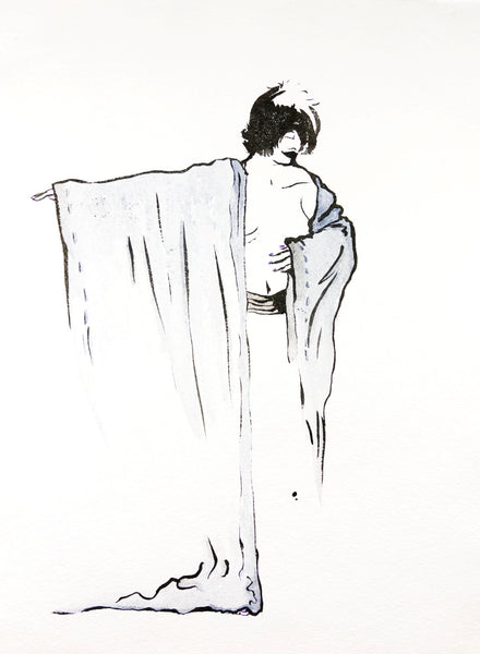 Ink and watercolor drawing of a woman figure.