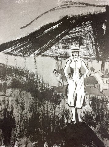 Ink drawing of a femaie figure in an interior setting.