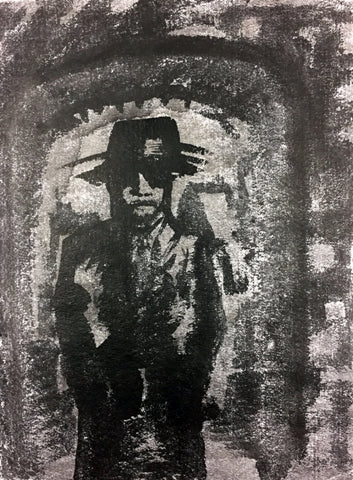 Ink drawing of a male figure with hat.