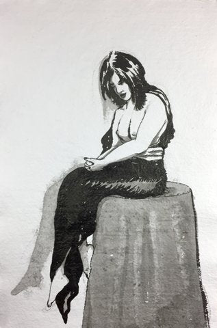 Ink drawing of a female figure sitting on a stool.