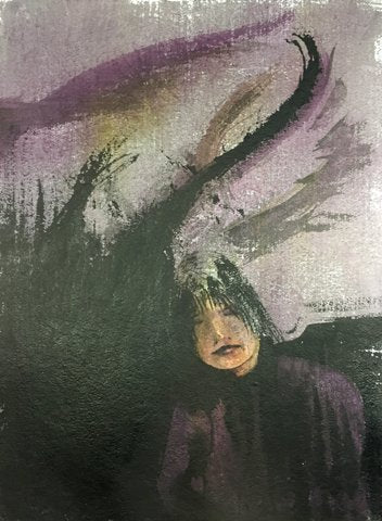 Ink on paper painting featuring a figure with abstract, swirling dark and light elements.